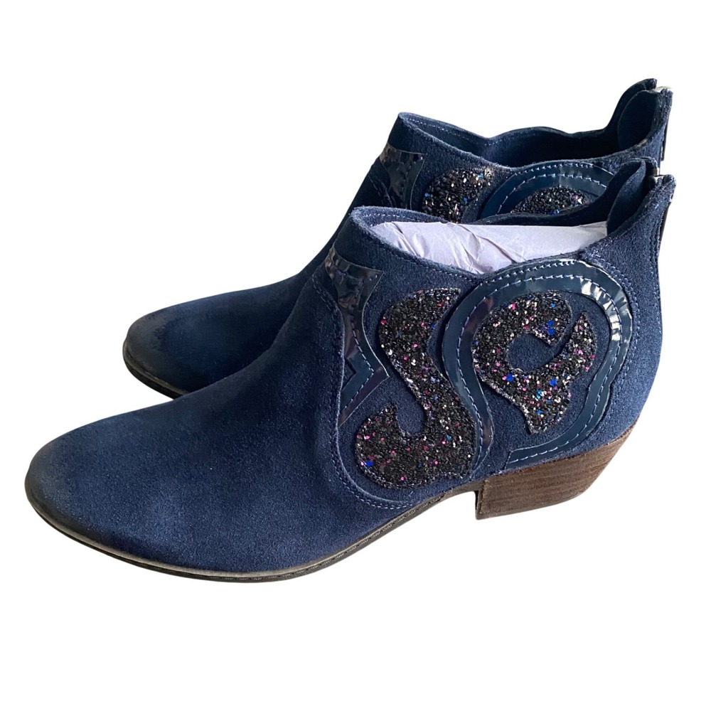 Naughty Monkey Womens Navy Blue Suede Glitter Swirl Ankle Booties Sz 6.5 Western
